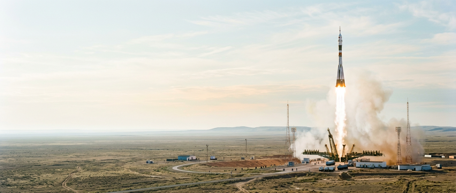 A rocket lifting off from a launch pad on the Central Asian steppe at dawn