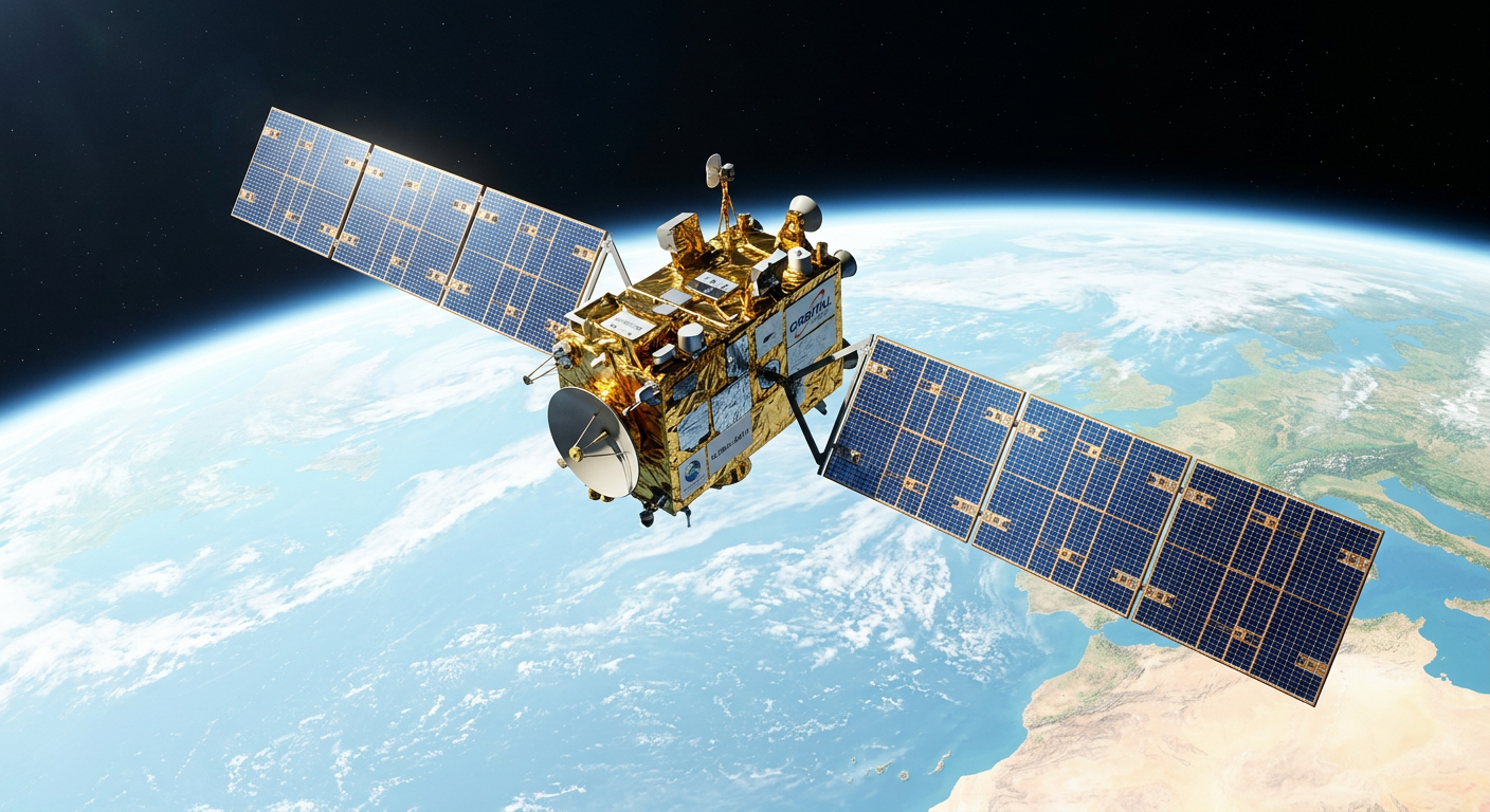 A communications satellite with solar panels orbiting above a bright blue Earth
